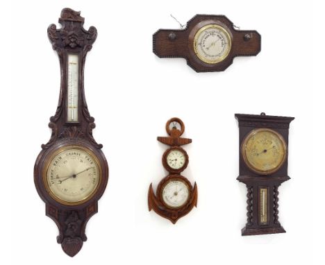 Oak banjo barometer/thermometer, the 8" silvered dial within a foliate carved case; also a novelty oak cased clock barometer 