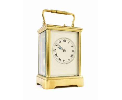 Good French repeater carriage clock striking on a gong, the 2.25" silvered dial within a silvered mask and corniche brass cas