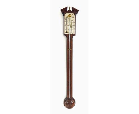 Mahogany inlaid stick barometer, the silvered scale signed Comitti, Holborn, over a flat trunk inlaid with boxwood lines to t