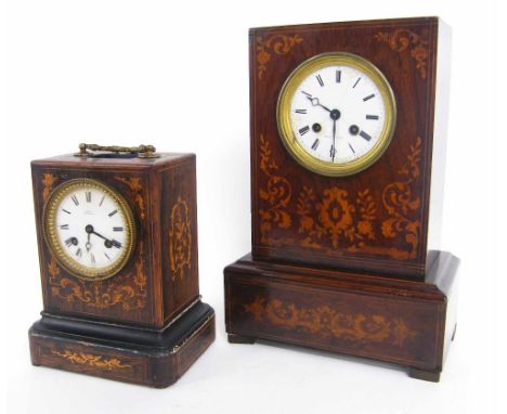 French rosewood inlaid two train mantel clock striking on a bell, 13.5" high; also another smaller rosewood inlaid two train 