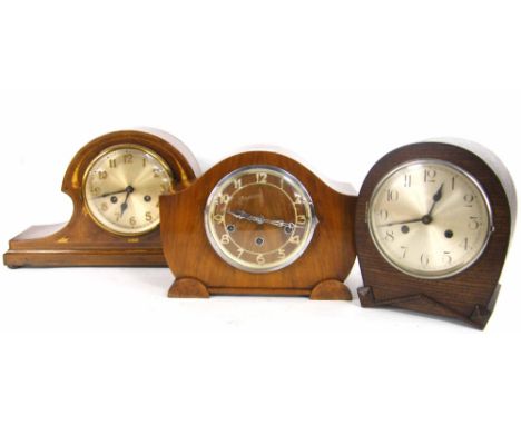 Bravingtons Limited walnut three train mantel clock, 9" high (pendulum and key); also a DRGM mahogany Napoleon hat mantel clo