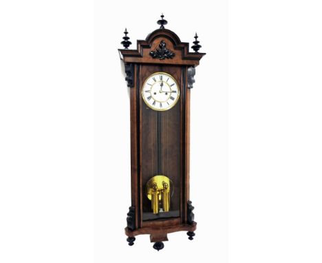 Walnut and ebonised double weight Vienna regulator wall clock, the 6.25" white dial with subsidiary seconds dial, within a gl