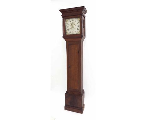 Oak thirty hour longcase clock, the 12" square painted dial signed John Matthews, Leighton, the case with long door and the h