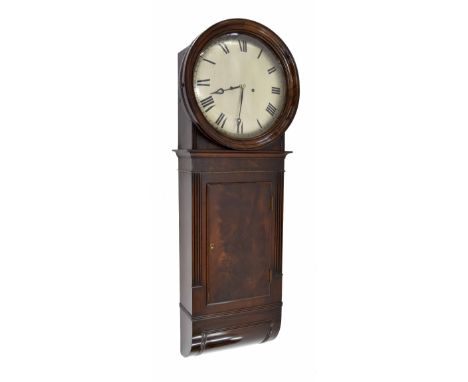 Mahogany two train trunk dial wall clock, the 15" silvered convex dial within a turned surround over the trunk fitted with a 