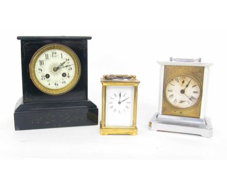 Small French black slate two train mantel clock, 8" high (pendulum and key); also two carriage clocks (both with keys) (3)