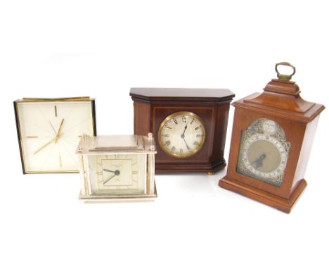 Eight day silver plated mantel clock timepiece, the 3.5" square silvered dial inscribed Jamieson & Carey, Aberdeen, within a 