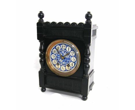 Arts & Crafts ebonised two train mantel clock striking on a gong, the 4.25" blue floral painted dial within a pillared and ca