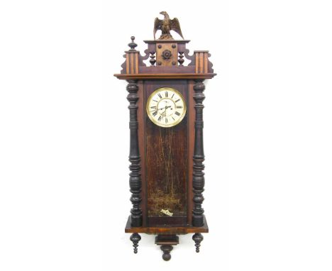 Gustav Becker oak and pine double weight Vienna regulator wall clock, the 7" cream dial with subsidiary seconds dial bearing 