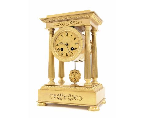 Good ormolu two train portico mantel clock striking on a bell, the movement back plate bearing the maker's trademark logo sta