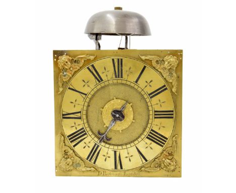 Verge lantern clock, the 6" square brass dial signed D. Robinson, London on the dial plate below the chapter ring, enclosing 