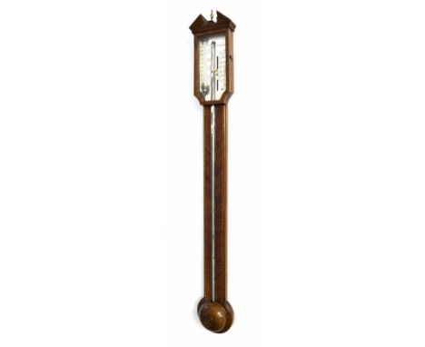 Good mahogany stick barometer, the silvered scale signed Ronketti, Manchester, over a chevron banded flat trunk to the hemisp