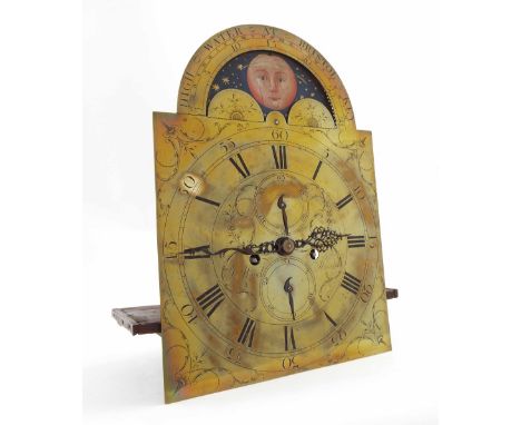 Eight day longcase clock movement, the 12" brass arched dial signed John Wood, Stroud to the foliate engraved centre with sub