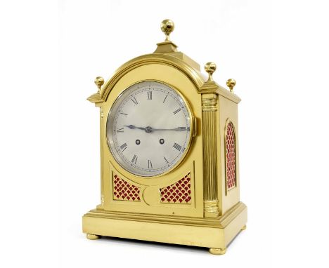 Brass two train bracket clock, the Peerless movement striking on a gong, the 6" silvered dial within a stepped case with roun