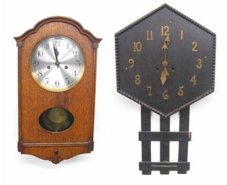 Oak cased two train wall clock, 19.25" high (pendulum and key); also an Arts & Crafts style dark stained oak two train wall c