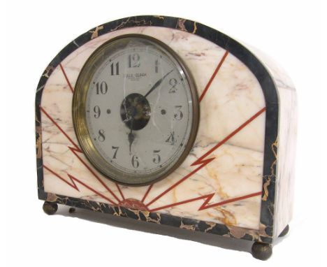 Bulle-Clock electric mantel clock the 5.25" silvered dial with skeletonised centre, within a rounded arched coloured marble c
