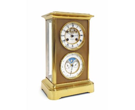 Good French ormolu two train mantel clock with calendar, the 4" clock chapter ring enclosing a visible recessed escapement an