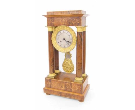 French rosewood portico two train mantel clock, the movement with outside countwheel striking on a bell, the 4" silvered dial