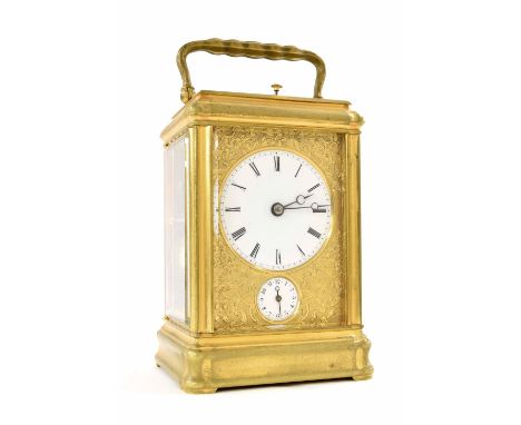 Good Drocourt repeating alarm carriage clock, the back plate bearing the maker's trademark logo and striking on a gong, the 2