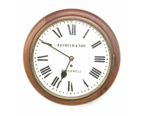Mahogany single fusee 12" wall dial clock signed Poynter & Son, Bracknell, within a turned surround (key and pendulum)