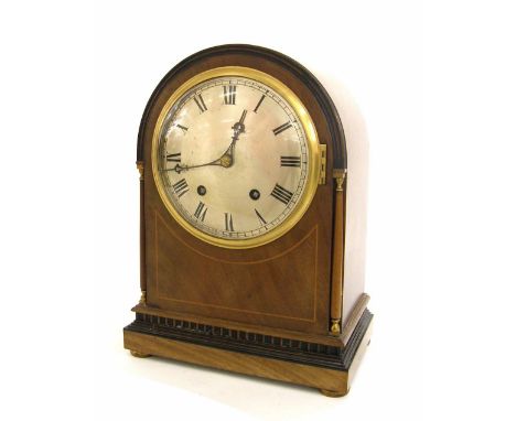 W & H mahogany ting-tang mantel clock, the 6.25" silvered convex dial within a rounded arched case inlaid with boxwood lines,
