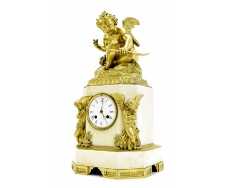 French ormolu and white marble two train pillar mantel clock, the Vincenti movement with outside countwheel and striking on a