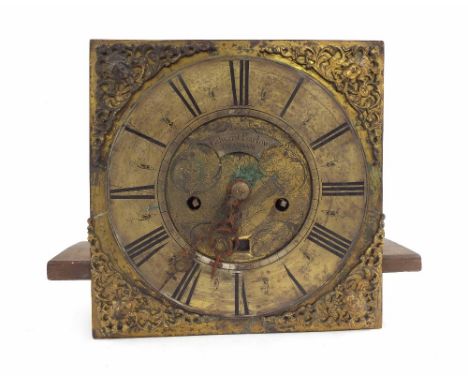 Eight day longcase clock movement, the 11" square brass dial signed Edward Barlow, Oldham on a shaped plate to the foliate en