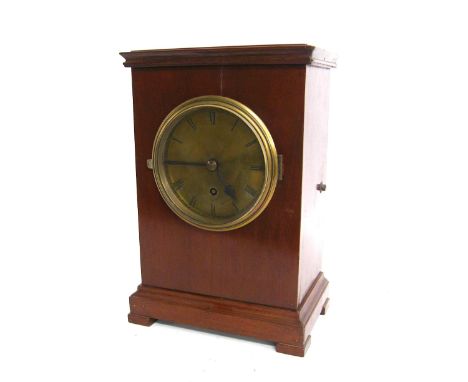 Mahogany single fusee mantel clock timepiece, the 5" brass dial within a stepped case, 13" high (pendulum)