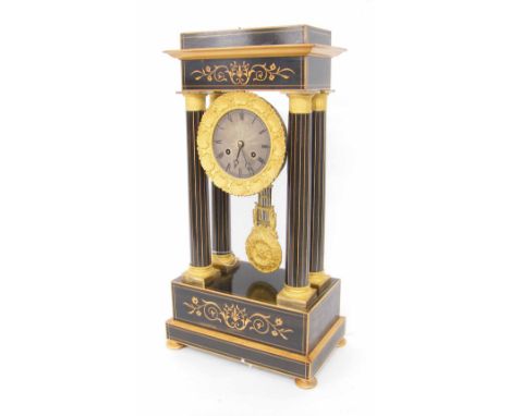 French ebonised and satinwood two train portico mantel clock, the movement with outside countwheel striking on a bell, the 4"