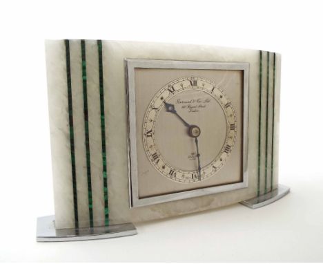 Art Deco style Elliott mantel clock timepiece, the 4" square silvered dial plate inscribed Garrard & Co. Limited, 112 Regent 