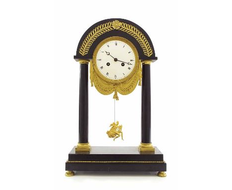 French Empire black marble two train portico mantel clock, the movement with outside countwheel striking on a bell, the 4.25"