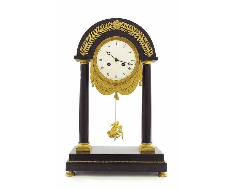 French Empire black marble two train portico mantel clock, the movement with outside countwheel striking on a bell, the 4.25"