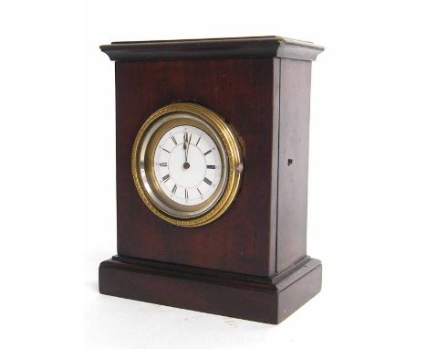 Small French mahogany mantel clock timepiece with platform escapement, the 1.75" white dial within a stepped case, 6" high
