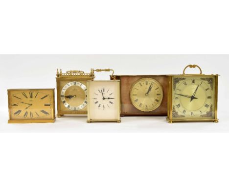Angelus electronic mantel clock within a brushed brass case, 4.25" high; also four other gilt metal cased electric mantel clo