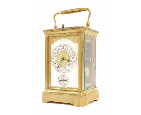 Good repeater alarm carriage clock striking the hours and quarters on a gong, the 2.25" ornate floral painted chapter ring en