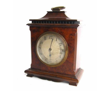 Small French birds eye maple clock timepiece with platform escapement, the 3.5" silvered dial signed Primevesi Bros, Bournemo