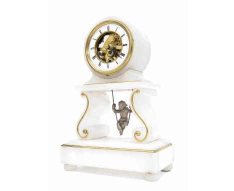 Alabaster drumhead mantel clock timepiece, the 3.25" white chapter ring enclosing a skeletonised centre over a girl on the sw