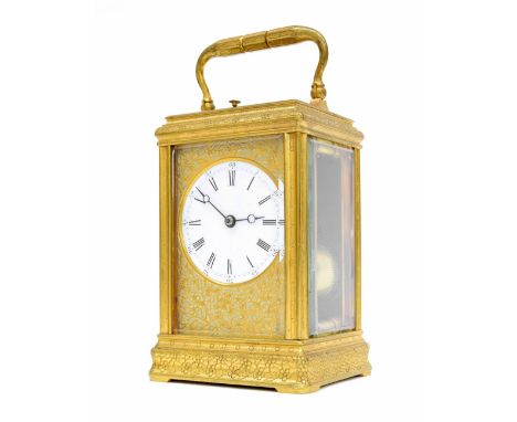 Drocourt repeating carriage clock striking on a gong, the 2.25" white dial within a gilded mask decorated with flowering foli