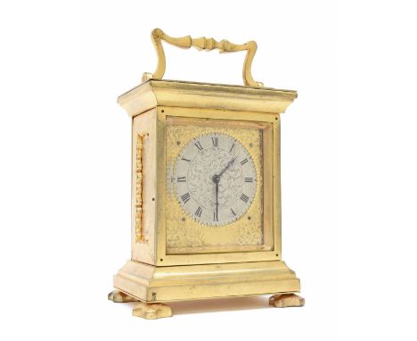 English ormolu carriage clock timepiece, the movement back plate signed C. Jorg, Old Kent Road, the 2.5" silvered chapter rin