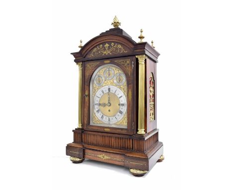 Good rosewood three train boardroom mantel clock, the 7.5" brass arched dial with silvered chapter ring enclosing a matted ce