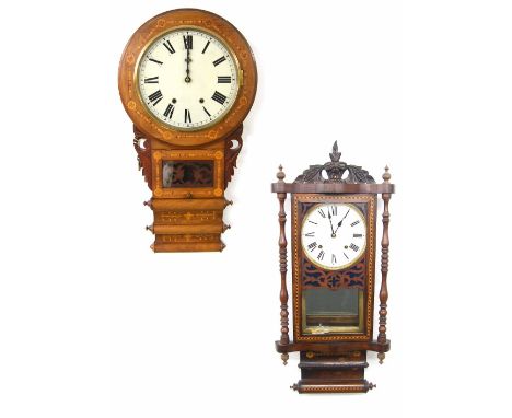 American inlaid two train 12" drop dial wall clock, 33" high overall; also another American inlaid two train 8" wall dial clo