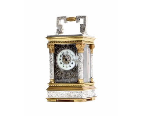 Miniature French brass and silvered carriage clock timepiece, the back plate and face bearing the maker's trademark logo, (OC