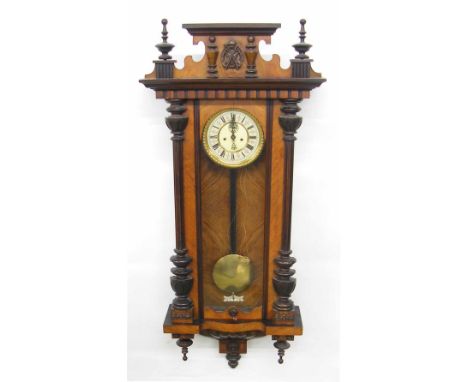 Walnut double weight Vienna regulator wall clock, the 6.5" cream chapter ring enclosing a recessed centre with subsidiary sec