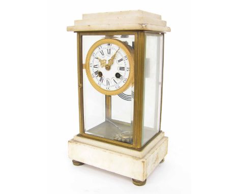 French four glass and white marble two train mantel clock striking on a gong, the 3.25" white dial within a bevelled glazed s