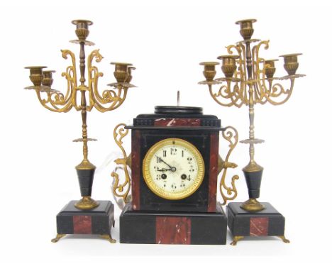 French black and red marble two train mantel clock garniture, the 3.5" cream dial within a stepped case surmounted by an urn 