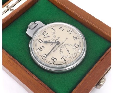 Hamilton U.S. Navy Model 22 forty-eight hour metal cased chronometer deck watch, circa 1943, the silvered dial signed Hamilto