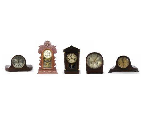 Ansonia Clock Co. gingerbread two train mantel clock striking on a gong, 22.5" high (pendulum and key); also a mahogany two t