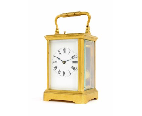 Repeater carriage clock striking on a gong, within a corniche gilded brass case, 6.25" high