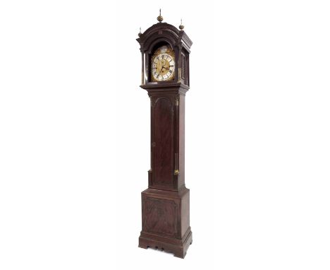 Mahogany three train longcase clock, the 12" brass arched dial signed Matson Robson, Whitby on a silvered boss to the arch, o