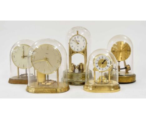 Tiffany Never Wind electric mantel clock, under a glass dome, 10.25" high; also four other various smaller electric mantel cl