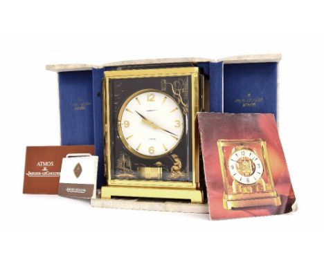 Jaeger LeCoultre Atmos clock decorated with marina chinoiserie 'Chinese Harbour/Fishermen' panels, the 4.25" white dial over 